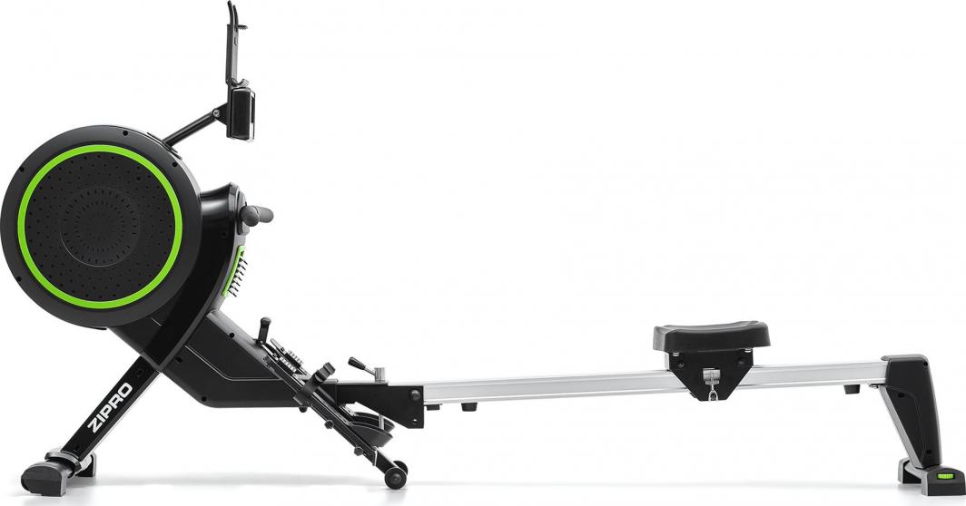 Romaskin Sammenleggbar i sort og grått med grønne detaljer, sett fra siden med sete og fotstøtter synlige.