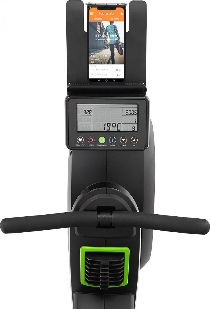 Romaskin Sammenleggbar med digital skjerm, mobilholder, håndtak foran og grønne detaljer nederst.