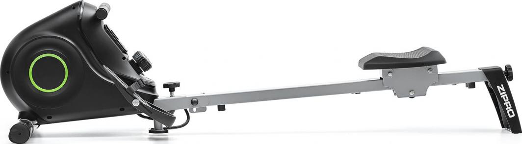 Romaskin Sammenleggbar i sort og grå, avlang med håndtak, justeringshjul og sete, sett fra siden.