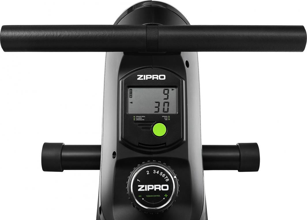 Romaskin i sort plast og metall sett forfra, med digitalt display, justeringsratt og tydelig "ZIPRO"-logo.
