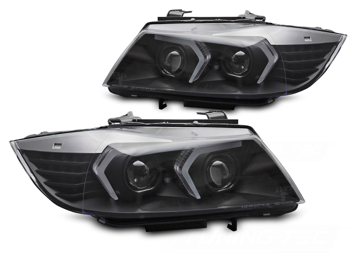 Frontlykter Xenon AFS LED Black til BMW E90/E91 LCI 09-11 sett rett forfra på hvit bakgrunn.