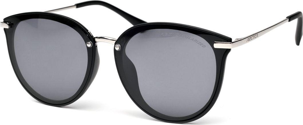 Sportsbriller med sorte, runde innfatninger, mørke glass og sølvfargede stenger med svart tupp, sett skrått fra siden.