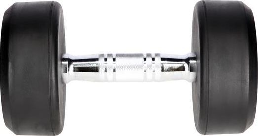 Hantler med svarte, runde gummiskiver og sølvfarget antiskli grep i metall, sett fra siden.