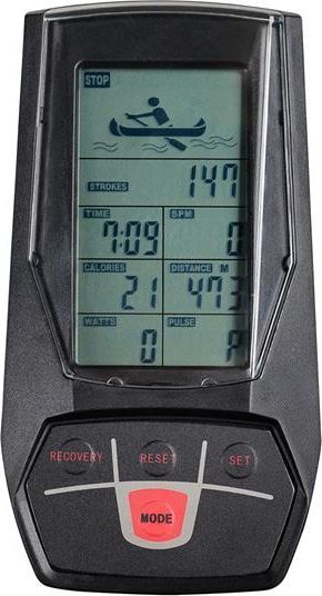 Romaskin med sort treningscomputer, digital skjerm som viser tid, kalorier, distanse og puls, sett rett forfra.