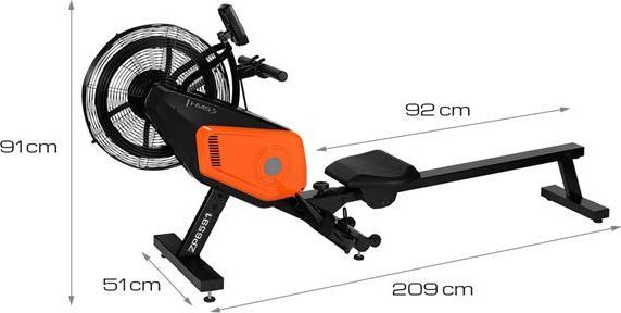 Romaskin Sammenleggbar i sort og oransje, vist fra siden med markerte mål for høyde, bredde og lengde.
