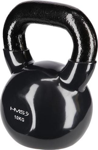 Kettlebell i sort, blankt metall med buet, ru håndtak, vektangivelse og merke synlig på fremsiden.