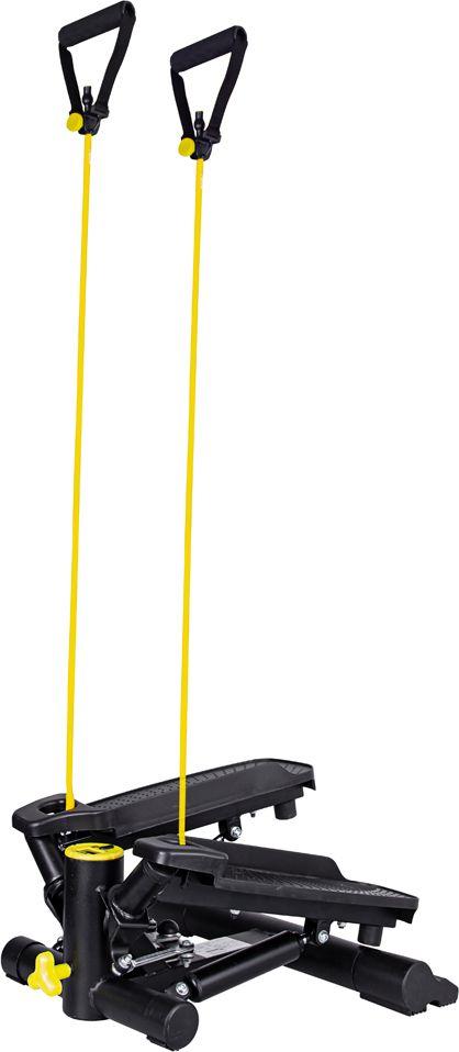 Stepmaskin med to sorte fotplater, gul vrifunksjon og gule treningsstrikker med håndtak, sett fra siden.