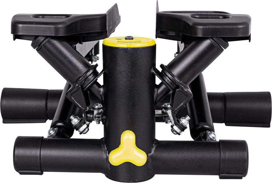 Mini Stepper sammenleggbart stativ i svart med gule detaljer, sett forfra med synlige bolter og justeringsmekanismer.