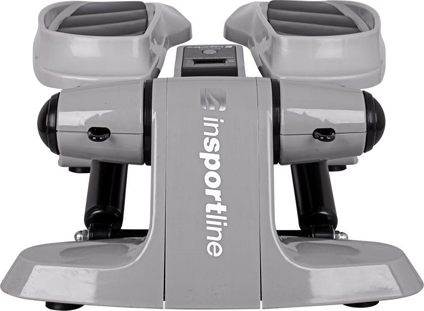 Stepper i grå plast og metall sett forfra med to mønstrede fotplater, LCD-display og insportline-logo foran.
