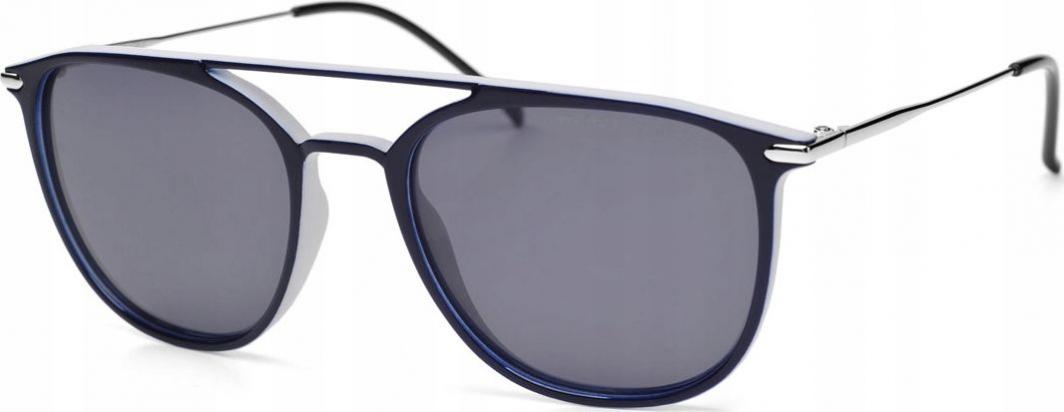 Solbriller med mørke glass, mørk blå ramme og sølvfargede tynne stenger, sett skrått forfra og fra siden.