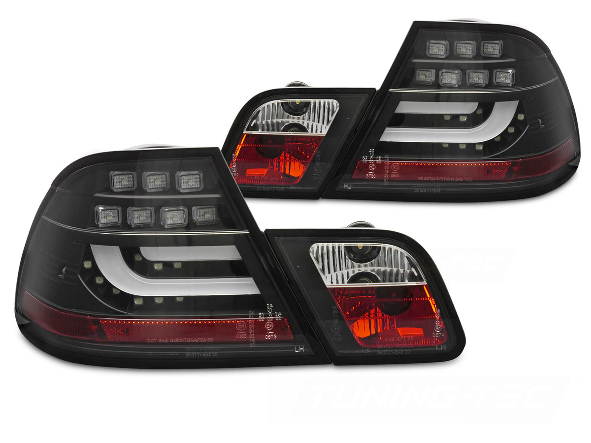 Baklykter BMW E46 Coupe 2003–2006 sett, sort klosse med LED Bar, par på hvit bakgrunn.
