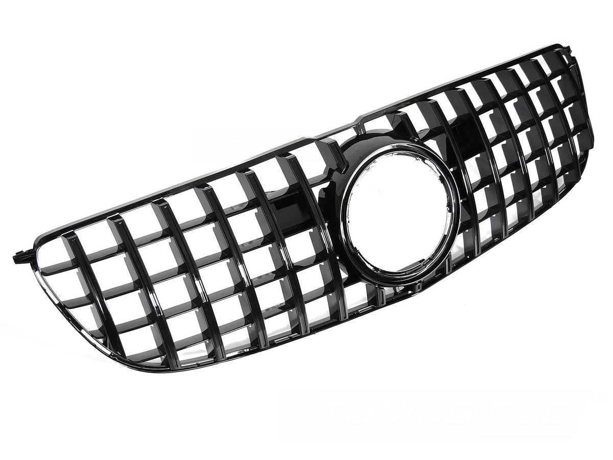 Grill GT Style til Mercedes GLS X166 15-19 i blank sort sett rett forfra på hvit bakgrunn.