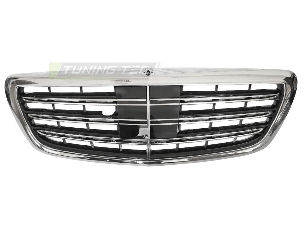 Detaljbilde av Grill Mercedes S-Klasse W222 13-17 krom med lamellstruktur og emblemfeste.