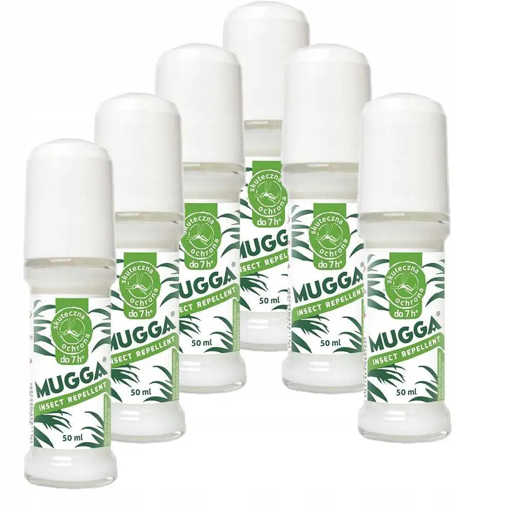 Mugga Repellent mot mygg og flått, seks roll-on flasker med grønn og hvit etikett på hvit bakgrunn.