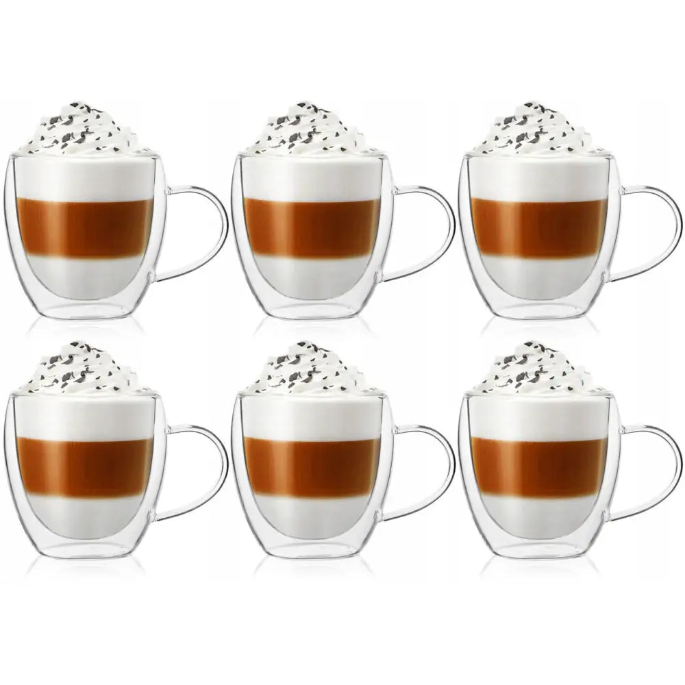 6X Galicja Duo termiske glasskopper, seks stykker med kaffe lagvis, krem og sjokoladebiter, sett forfra.