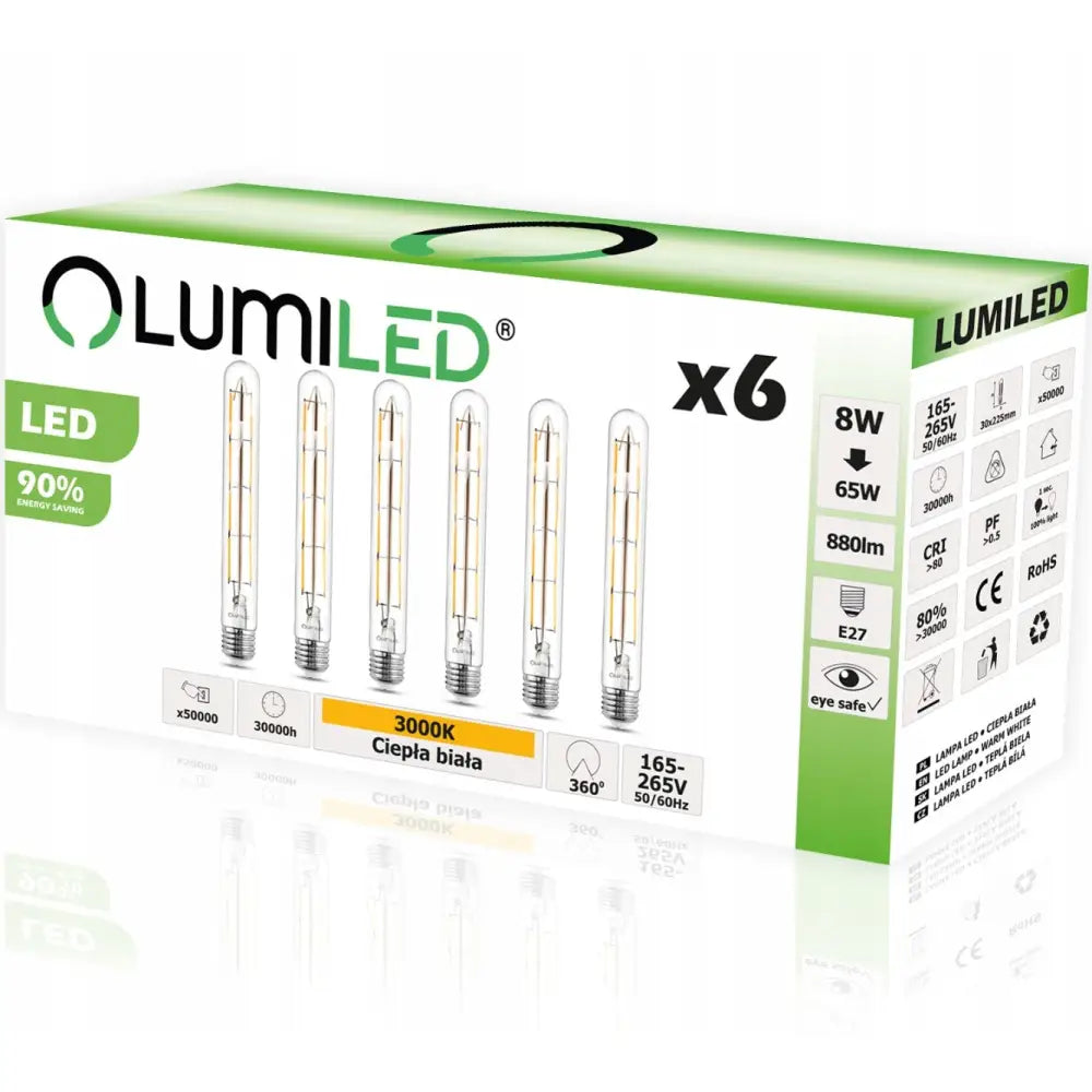 6X LED-pære E27 T30 Rør, eske med seks avlange pærer og spesifikasjoner synlig på høyre side.
