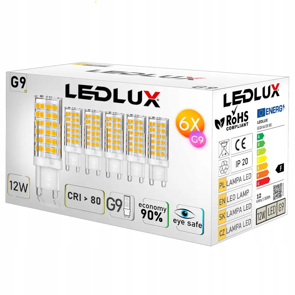6X LED-pære G9 SMD 12W, emballasje med seks pærer, LEDLUX-logo og energimerking synlig på esken.