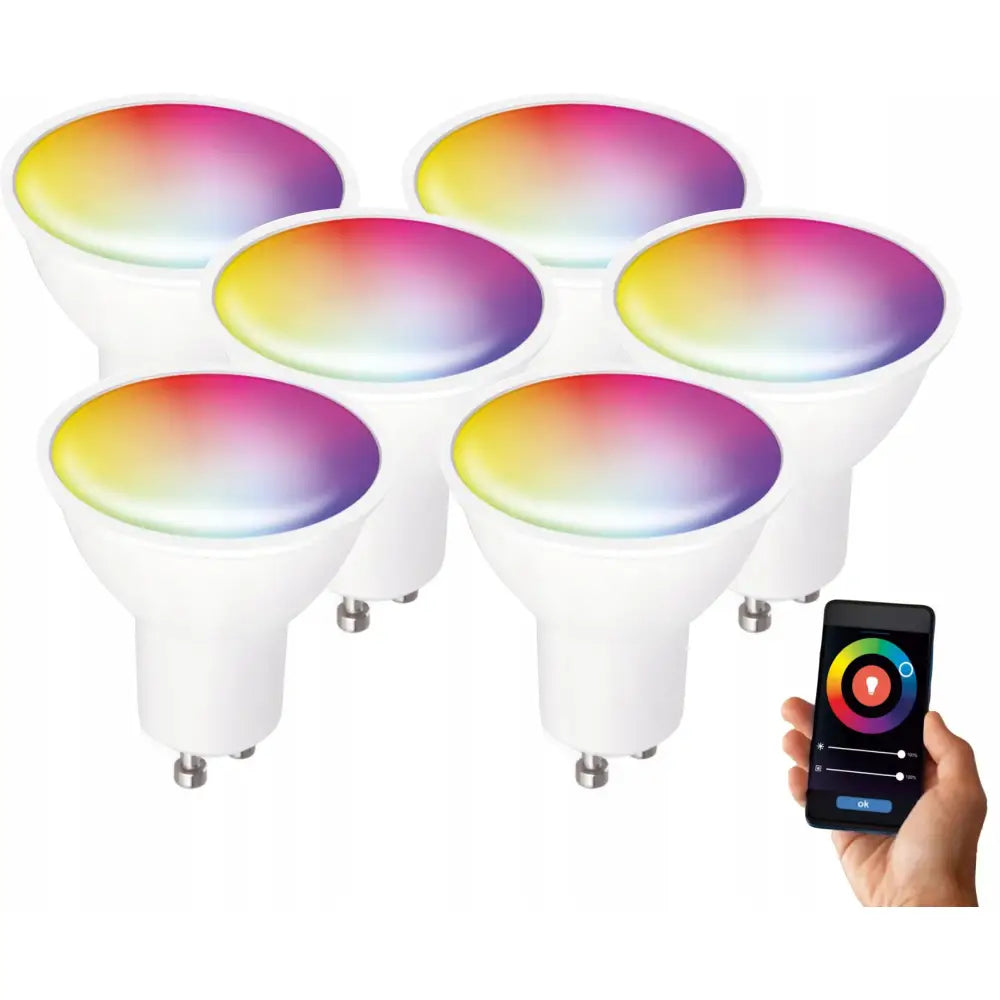6X LED-pærer GU10 med frostet glass, vises i klynge sammen med mobilapp for fargevalg.