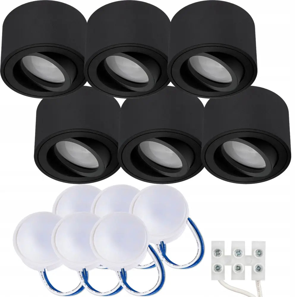 6X overflatermontert halogen spotlight tube med seks sorte sylindere, hvite linser og LED 5W-lysenheter.