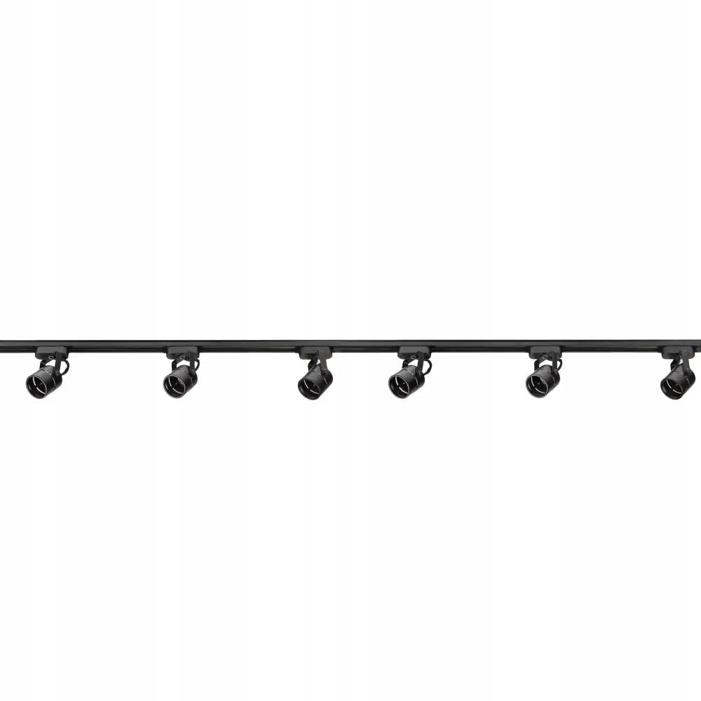 Spot Tube Reflektor GU10 skinnegang, syv svarte metallspotlys på lang, rett skinne sett forfra mot hvit bakgrunn.
