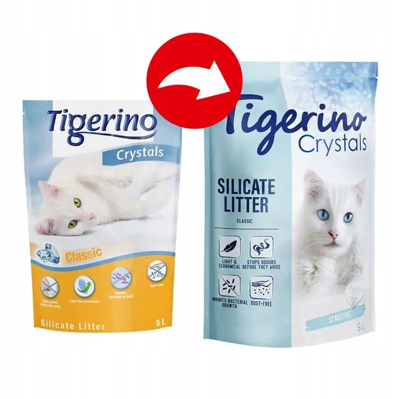 6X Tigerino Silikonkattesand, to poser i gul og lyseblå med hvit katt og informasjonsikoner på forsiden.