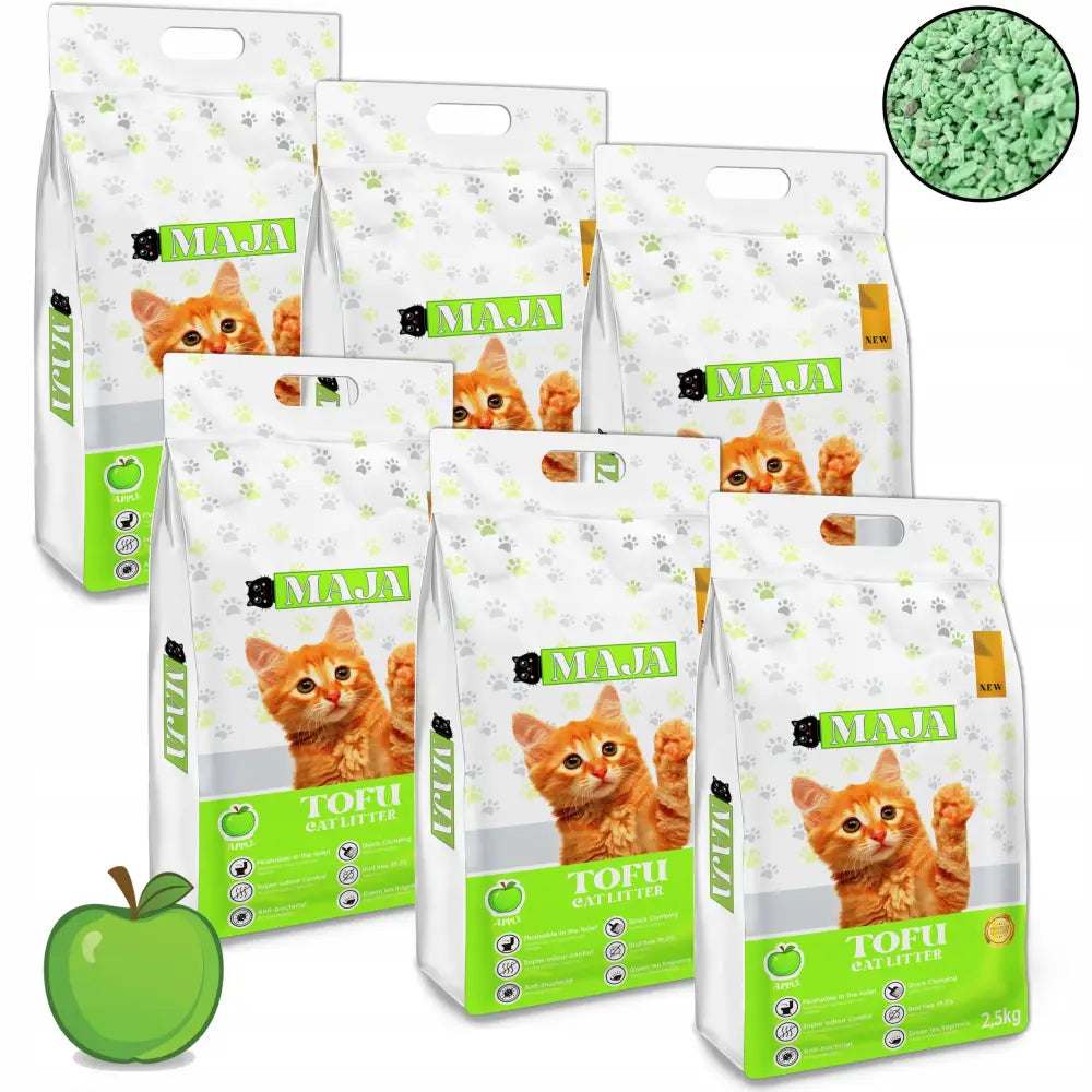 6X Tofustrø miljøvennlig Maja 2,5 kg duftsett, sekker med kattebilde, grønne epleillustrasjoner og strødetalj.