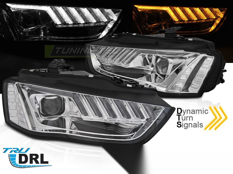 Detaljbilde av frontlykter Audi A4 B8 12-15 med LED-detaljer.