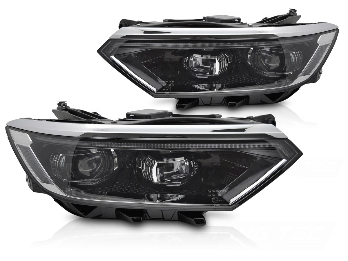 Frontlykter Full LED Sequential DRL til VW Passat B8 14-19 sett rett forfra på hvit bakgrunn.