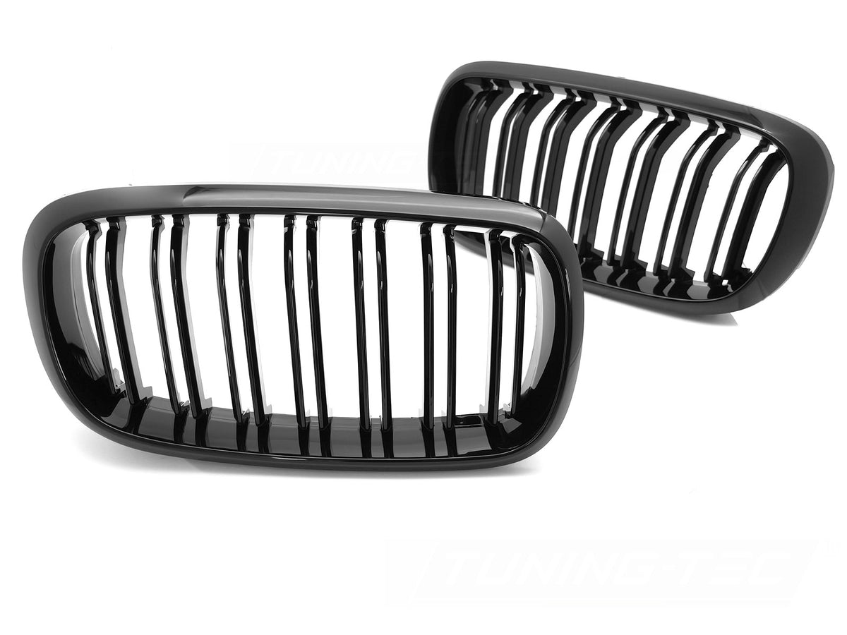 Grill til BMW X5 F15 13-18 + X6 F16 14-19 i blank sort sett rett forfra på hvit bakgrunn.