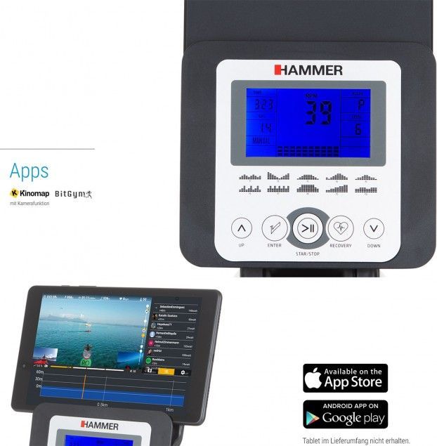 Romaskin Sammenleggbar konsoll med blå bakgrunnsbelyst skjerm, kontrollknapper og nettbrett med treningsapp.