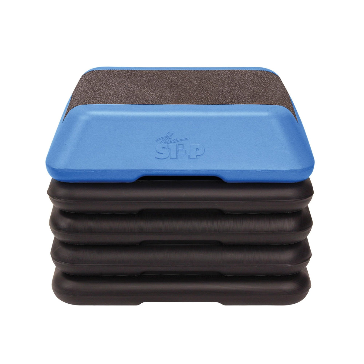 Step treningskasse med blå rillet topp og stablede svarte bein i plast, sett forfra. Logo preget i toppen.