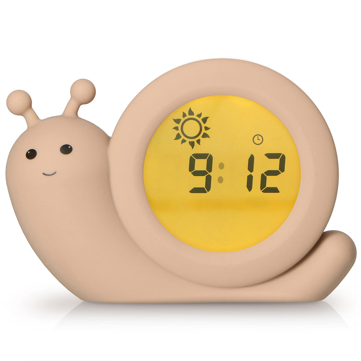 Vekkerklokke Barn formet som beige snegle i plast med gult digitalt display og store sorte tall, sett fra siden.