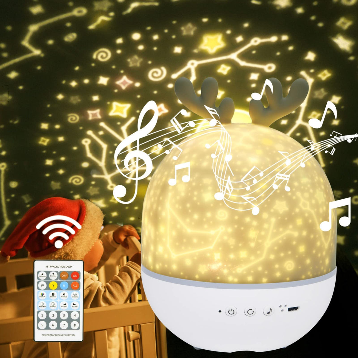 Nattlampe Barn gul-hvit projektor med hjortehorn, stjernemønster, musikksymboler og fjernkontroll, barn i bakgrunnen.