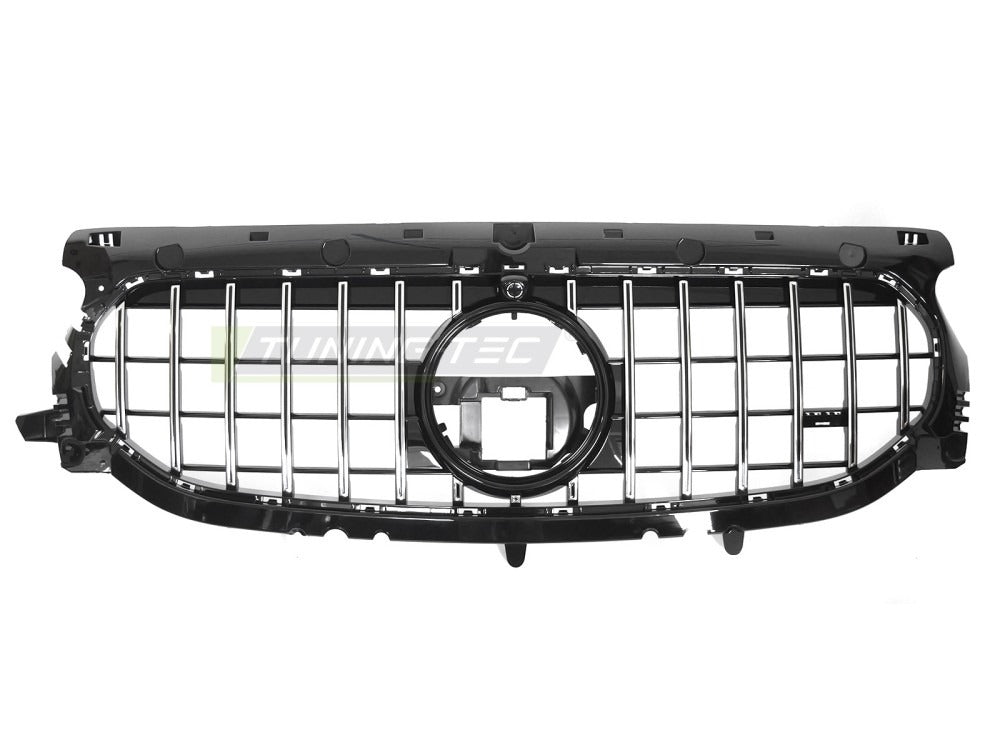 Detaljbilde av Grill Mercedes GLA H247 19-23 sort/krom med sport-mønster og emblemfeste.