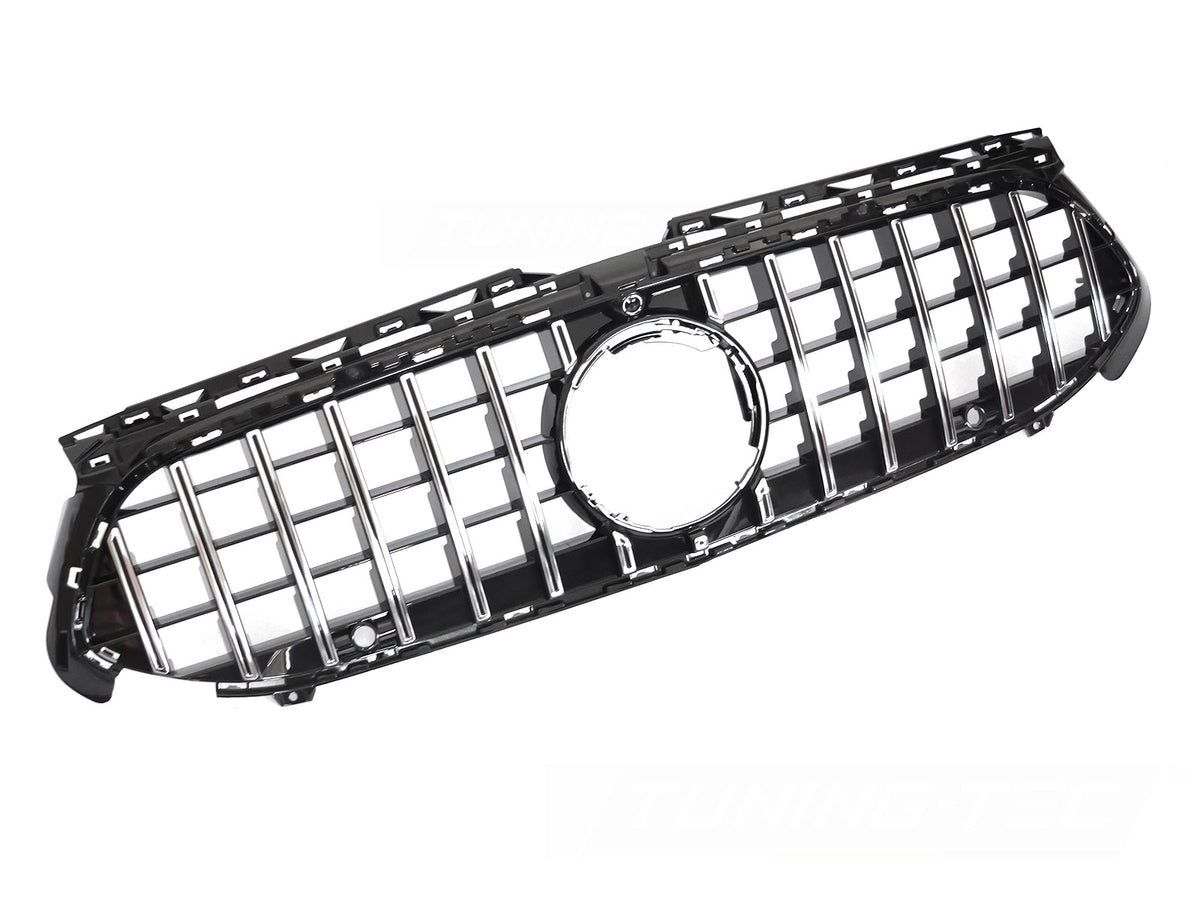 Grill til Mercedes A-Klasse W177 22- i krom/sort sett rett forfra på hvit bakgrunn.