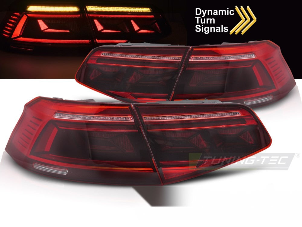 Detaljbilde av baklykter VW Passat B8 Sedan 14-19 med LED-detaljer.