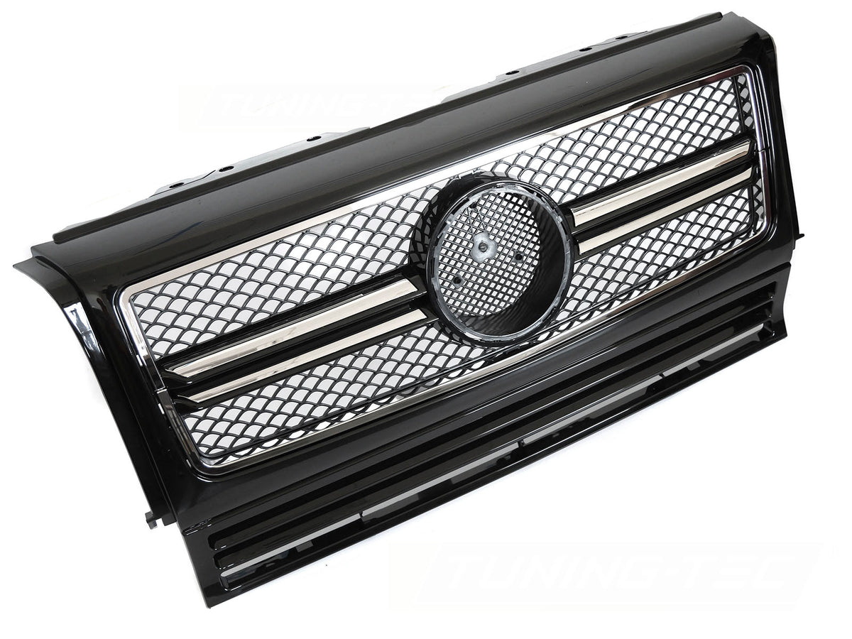 Grill Sport Blank Sort Krom til Mercedes G-Klasse W463 90-12 sett rett forfra på hvit bakgrunn.
