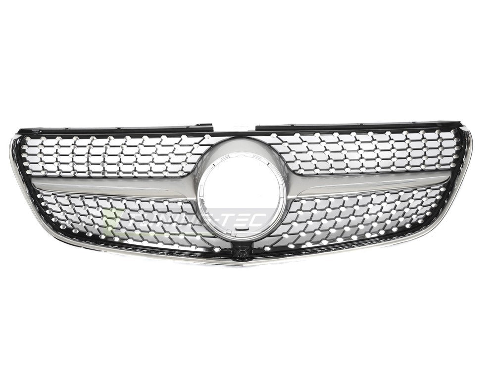 Detaljbilde av Grill V-Klasse/Vito W447 14-19 sølv/sort med lamellstruktur og emblemfeste.