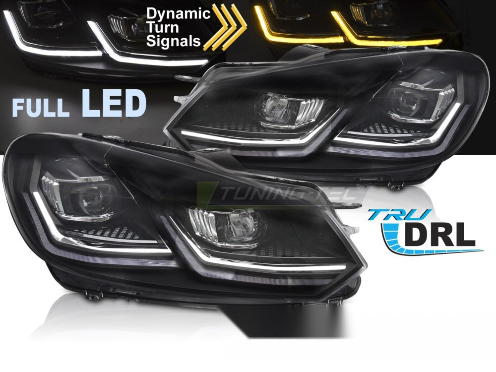 Frontlykter Full LED til VW Golf 6 08-12 – komplett par sett forfra på hvit bakgrunn