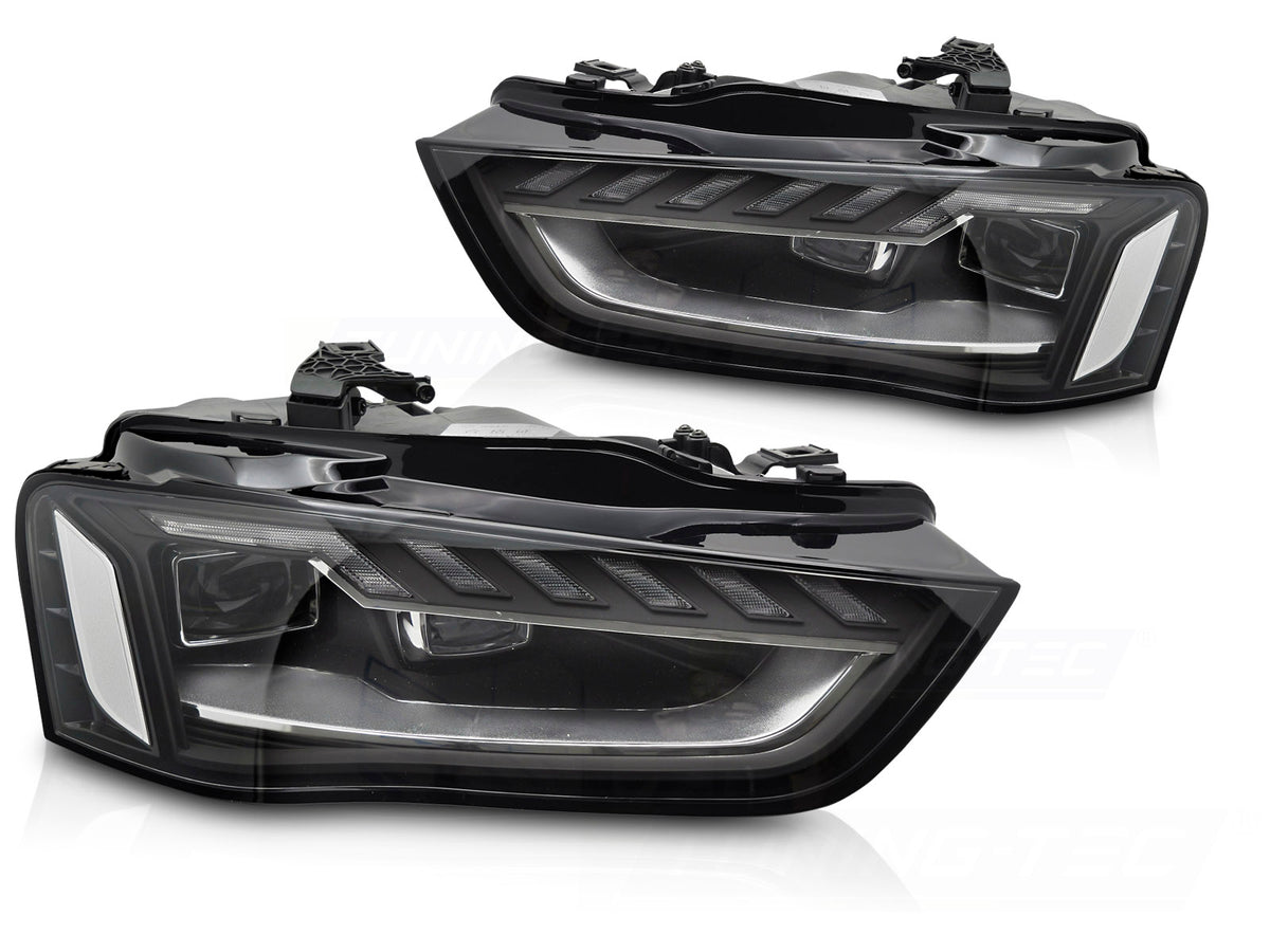 Frontlykter Full LED Sequential DRL til Audi A4 B8 12-15 sett rett forfra på hvit bakgrunn.