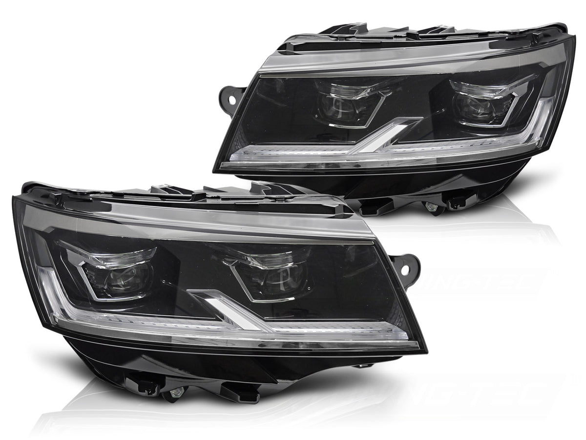 Frontlykter Full LED Black DRL Sequential til VW T6.1 24- sett rett forfra på hvit bakgrunn.