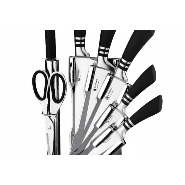 8-delers knivsett med stativ, kjøkkenkniver og tilbehør i sølv med svarte håndtak og dekorstriper.