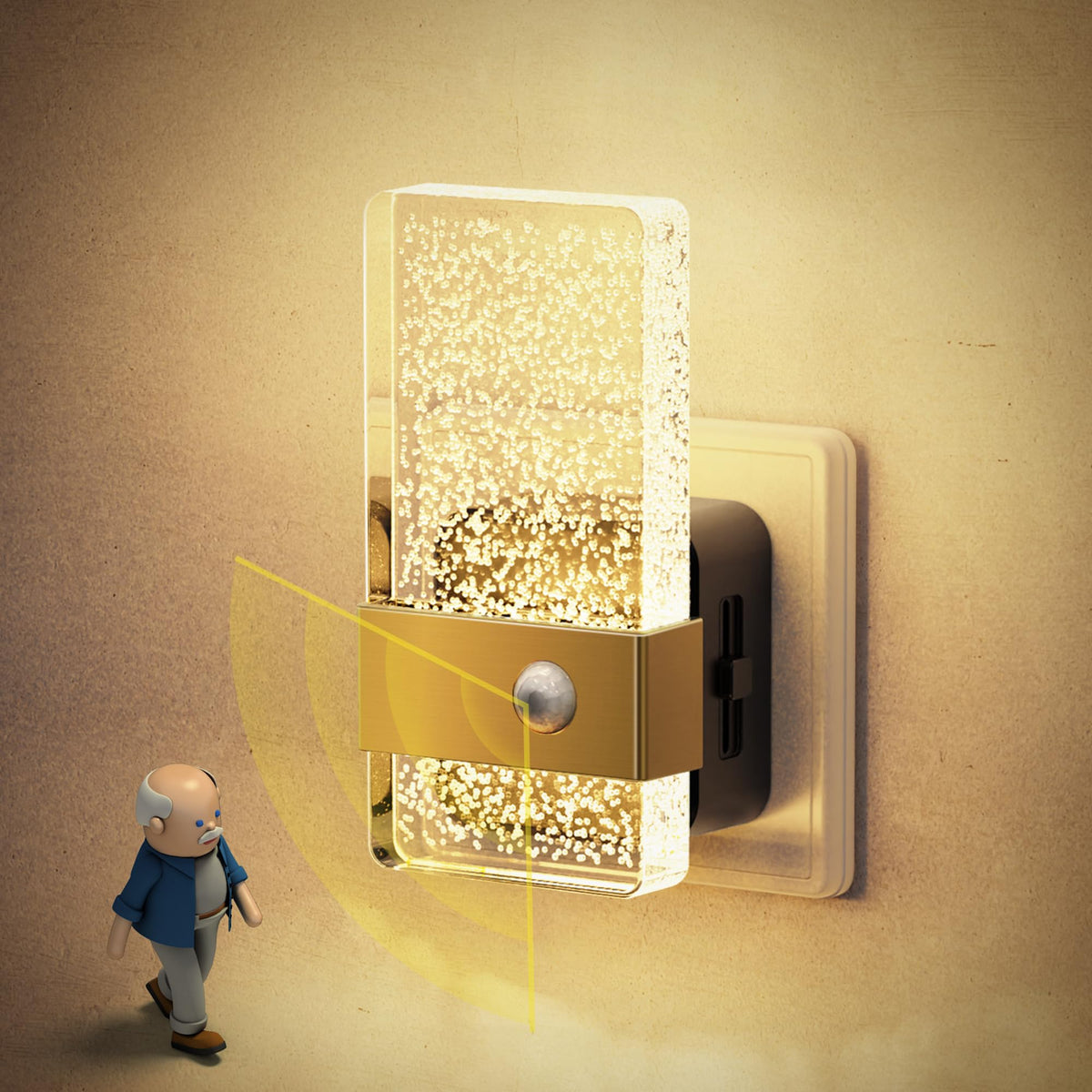 Nattlampe med gjennomsiktig rektangulær skjerm, varmgult lys, gullbånd og bevegelsessensor sett fra siden.