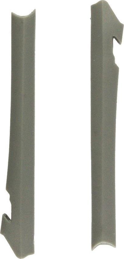 Brillestenger i grå myk gummi, to stenger med kantete former og utskjæringer vist fra siden og fronten.