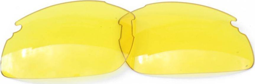 Brilleglass i lysegult, to buede plastlinser med utskjæringer på sidene, sett fra oven.