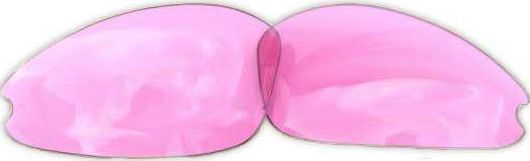 Brilleglass i rosa med marmormønstret overflate, to deler ligger side om side sett ovenfra.