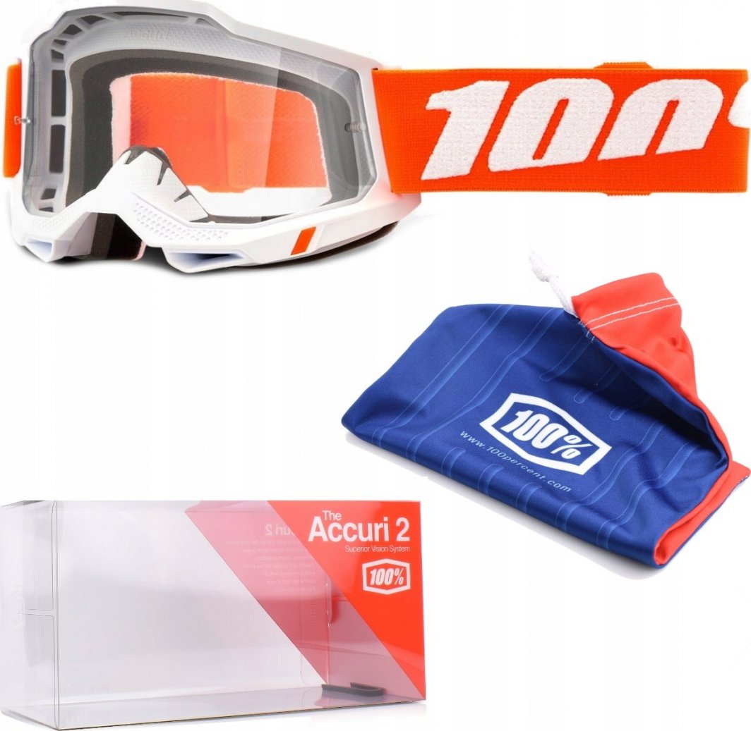 Crossbriller med hvit ramme, klart glass og oransje-hvitt strikk, vist fra siden med blå pose og plastetui.