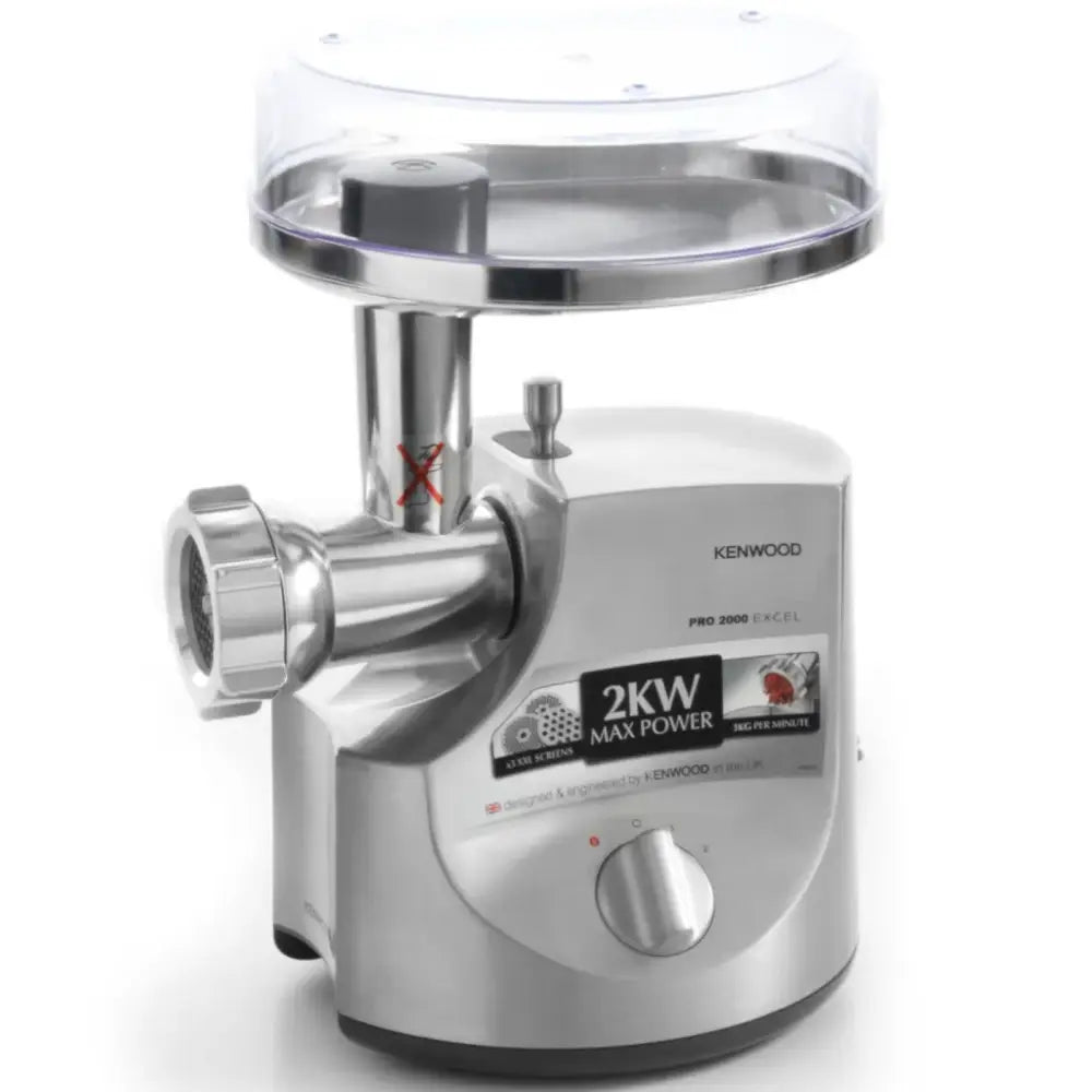 Kenwood møllekvern MG 700, sølvfarget med plastlokk, sett skrått forfra med synlig kontrollknapp.