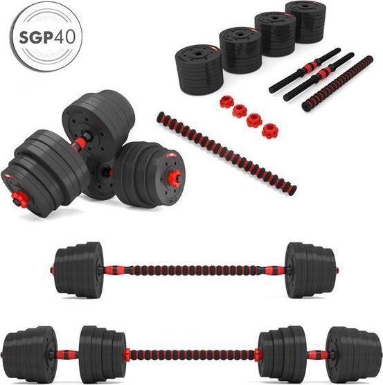 Manuale Manualer 40kg sett med justerbare manualer, vektstang, løse vektskiver og låsemuttere, sort og rød plast.