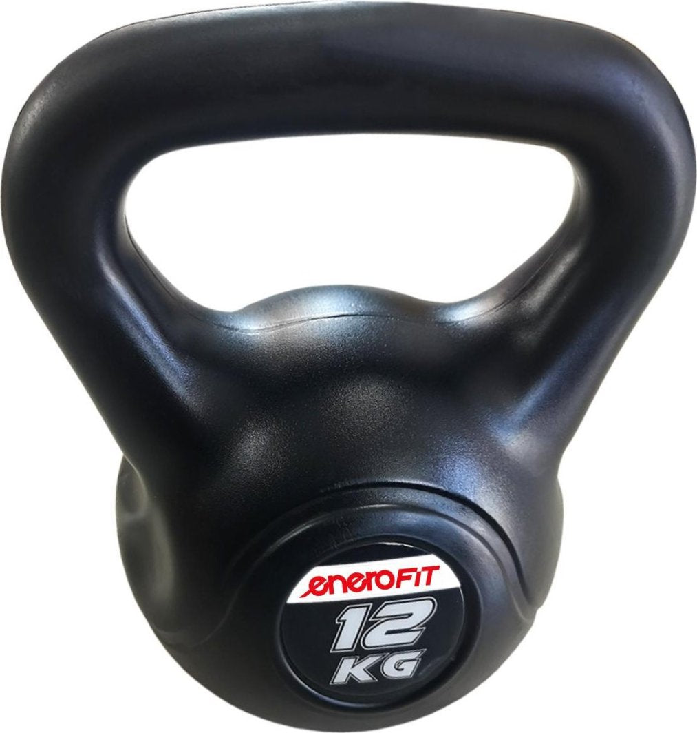 Kettlebells 12 kg i svart plast med tydelig håndtak, vektmerking og ENERO FIT-logo synlig på fremsiden.